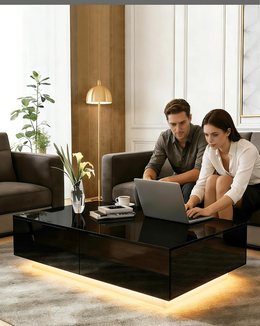 Couchtisch Schwarz Hochglanz mit 16 Farben LED, Dimmbare Beleuchtung, Moderner Wohnzimmertisch mit 4