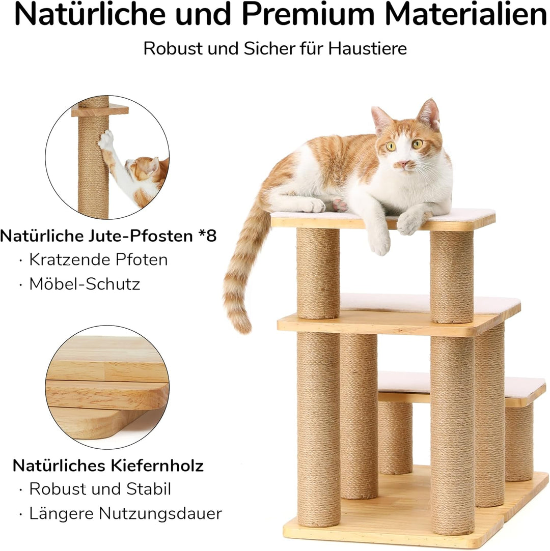 FUKUMARU Hundetreppe, 3 Stufen Haustiertreppe, Katzentreppe aus Kiefernholz und Jute，18-51cm einstel