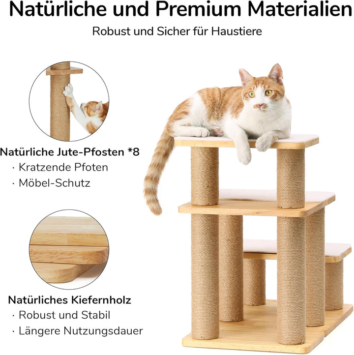 FUKUMARU Hundetreppe, 3 Stufen Haustiertreppe, Katzentreppe aus Kiefernholz und Jute，18-51cm einstel