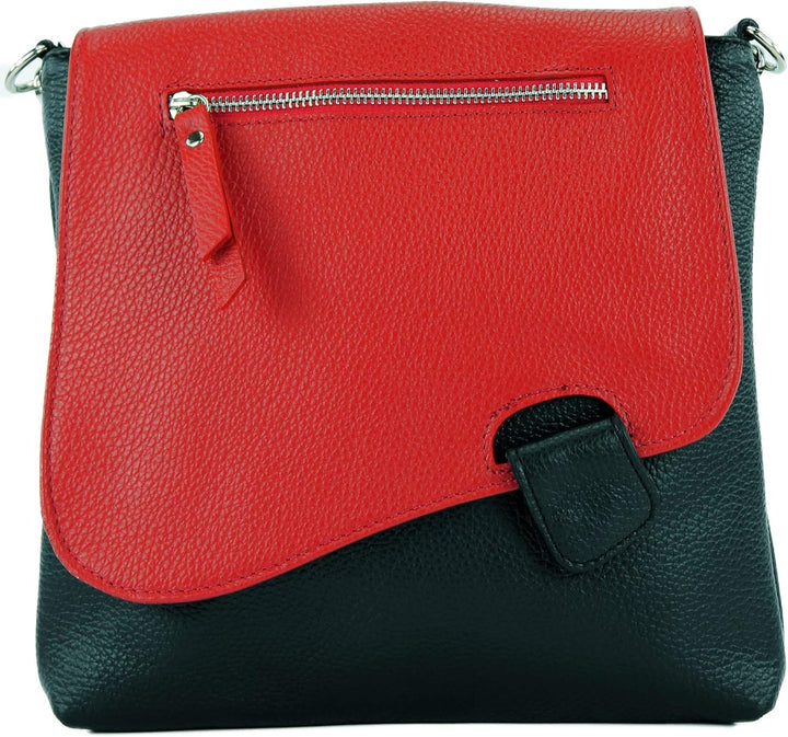 modamoda de - T146 - ital Messengertasche Umhängetasche aus Leder Schwarz/Rot, Schwarz/Rot