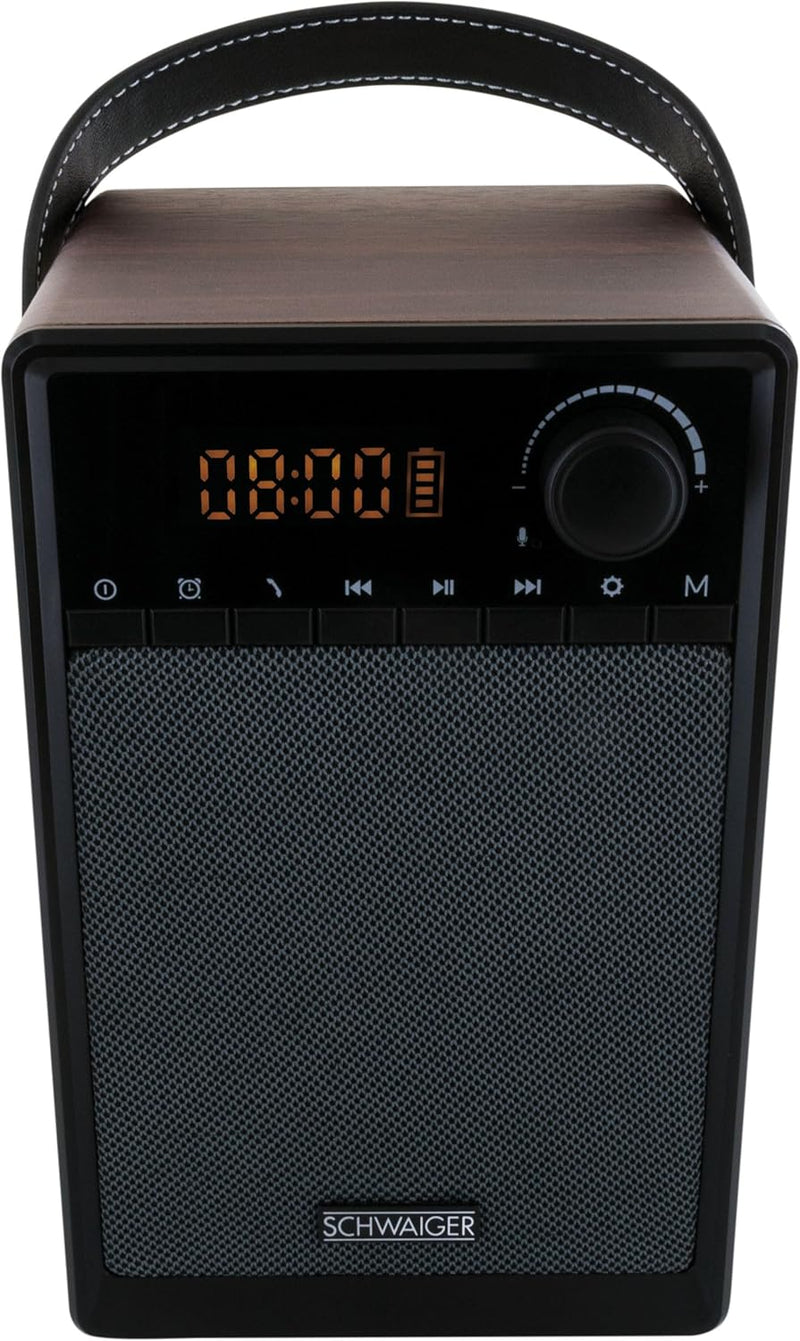 SCHWAIGER 715736 Tragbarer analoger Radiowecker UKW FM Bluetooth Lautsprecher Musikbox Radio AUX Mic