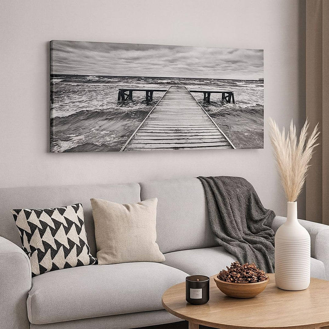 Panorama Bilder auf Leinwand 100x40cm Leinwandbild Brücke Meer Welle Gross Wanddeko Bild Schlafzimme
