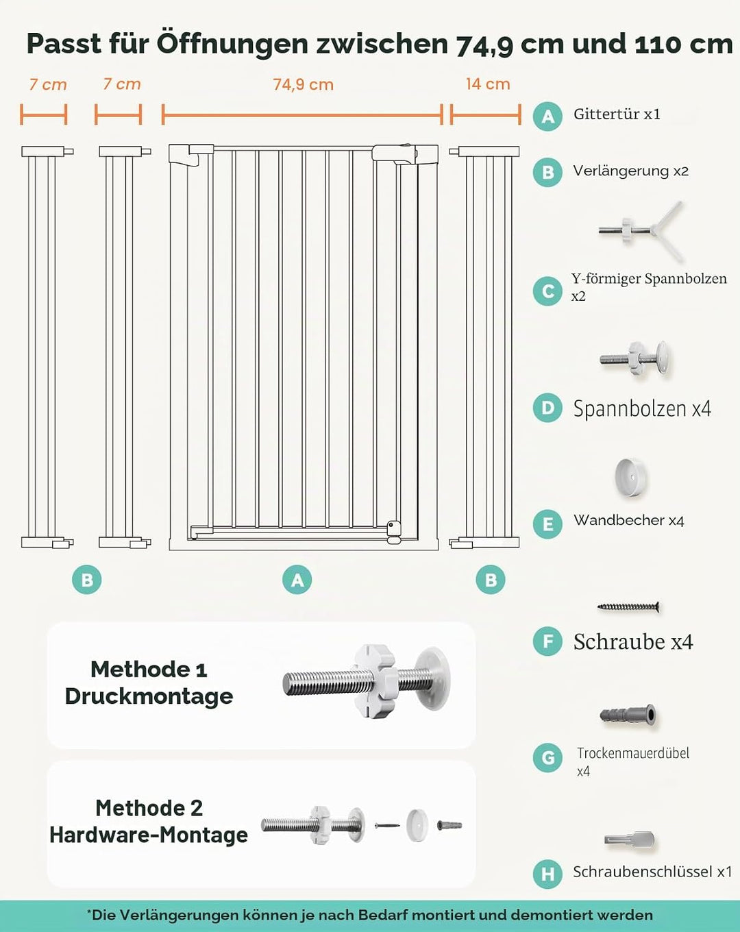 COMOMY 107 cm Extra Hoch Türschutzgitter, 75-110 cm Breit Treppenschutzgitter ohne Bohren, Türgitter