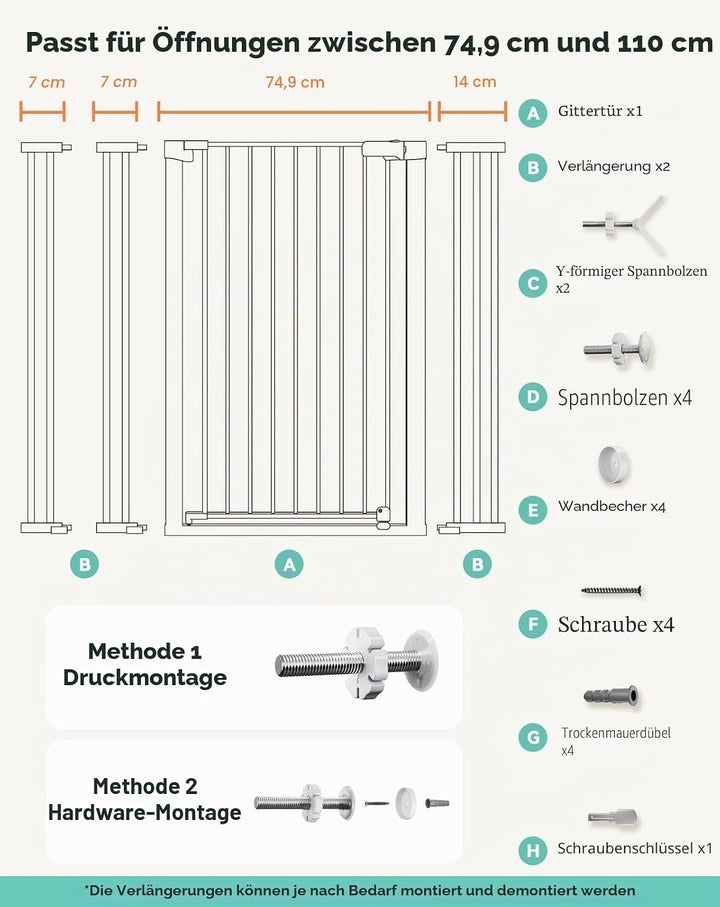 COMOMY 107 cm Extra Hoch Türschutzgitter, 75-110 cm Breit Treppenschutzgitter ohne Bohren, Türgitter