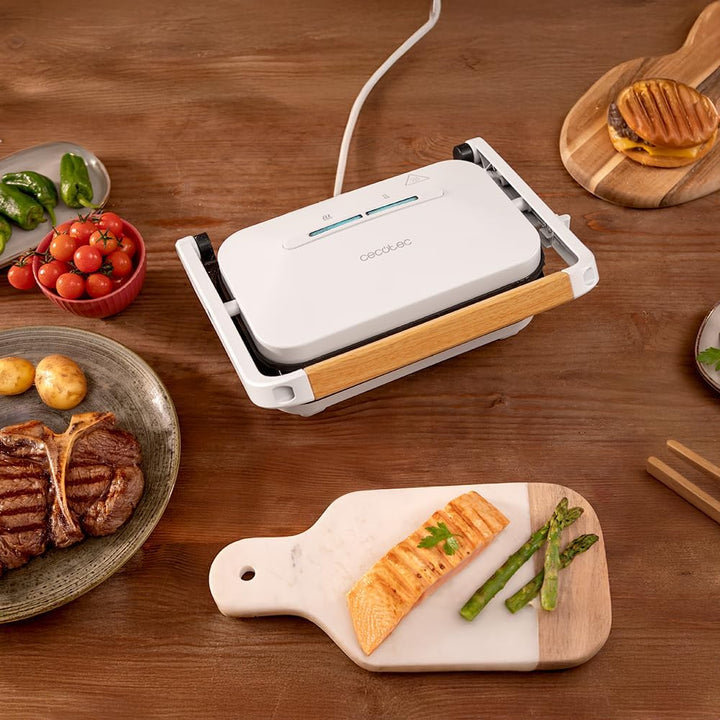 Cecotec Elektrischer Grill Rock'Ngrill 1300 Wood W. Leistung von 1300W, weisses Design, Rockstone-Be