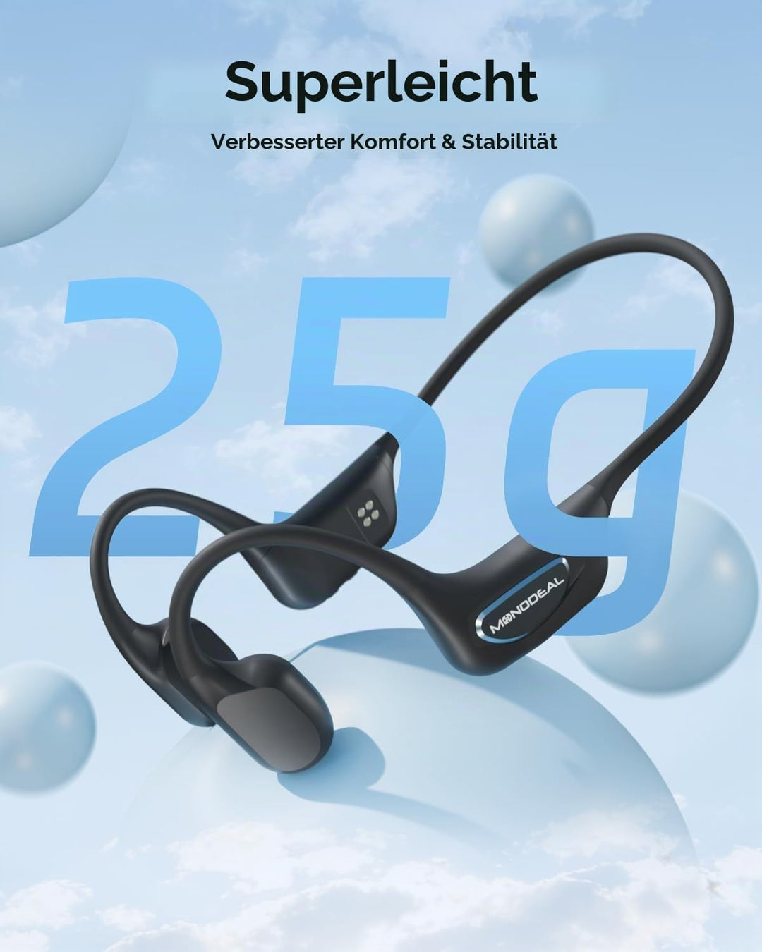 Knochenschall Kopfhörer Bluetooth 6.0 Zum Joggen, Radfahren, Fitness, IPX8 | 24g Ultraleicht, weiche