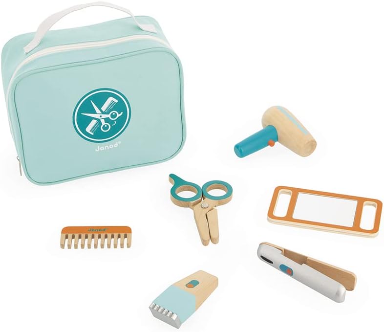 Janod - Friseurkoffer - Imitationsspiel für Berufe - incl. 6 Accessoires aus Holz - Regt die Fantasi