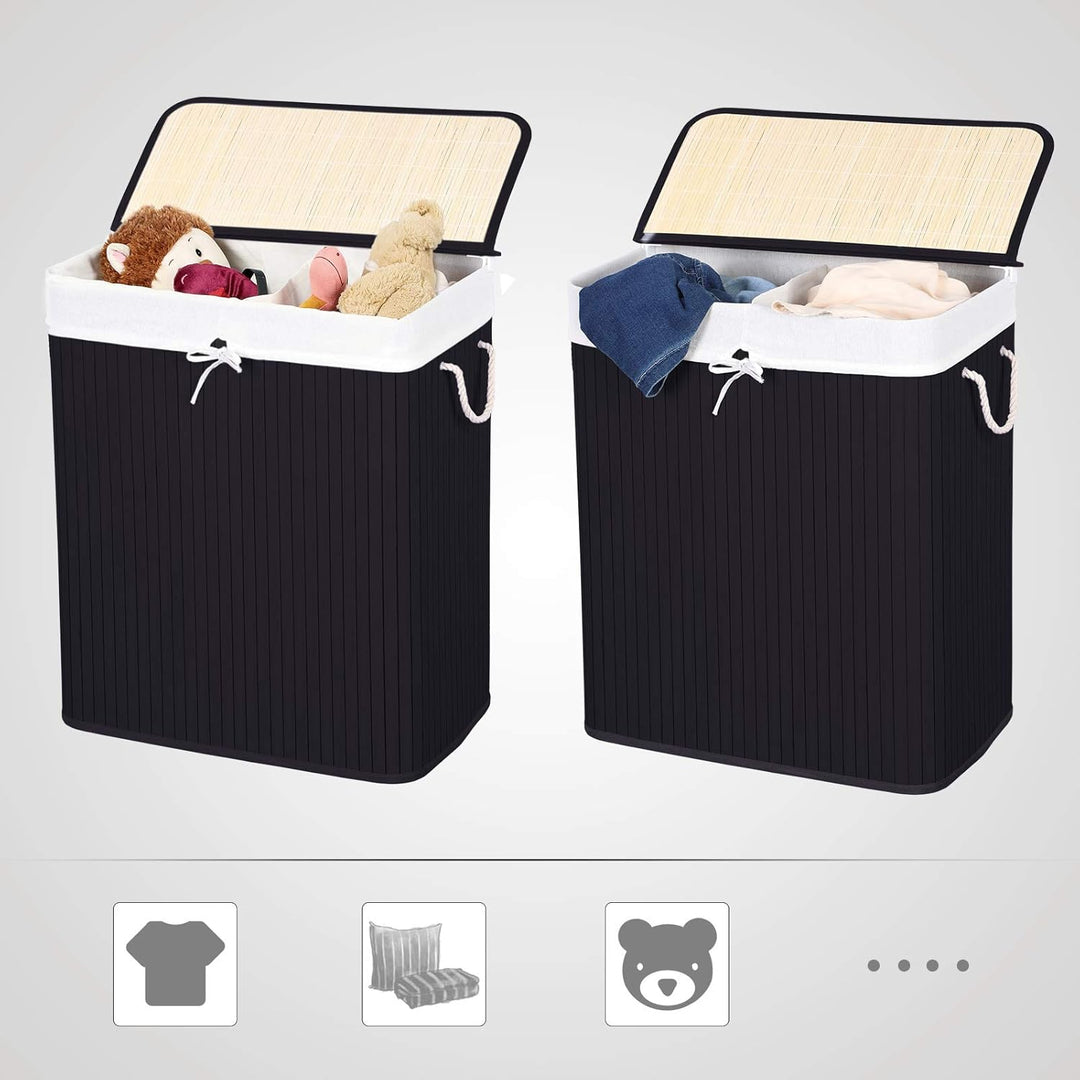 SONGMICS Wäschekorb 2 Fächer, 100 L Wäschesammler mit Deckel, Wäschebox Bambus, mit Griffen, faltbar