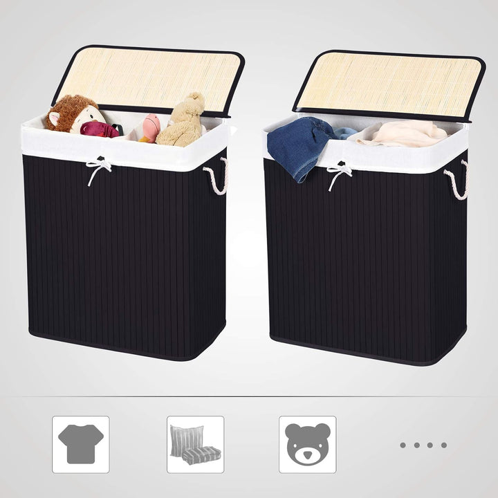 SONGMICS Wäschekorb 2 Fächer, 100 L Wäschesammler mit Deckel, Wäschebox Bambus, mit Griffen, faltbar