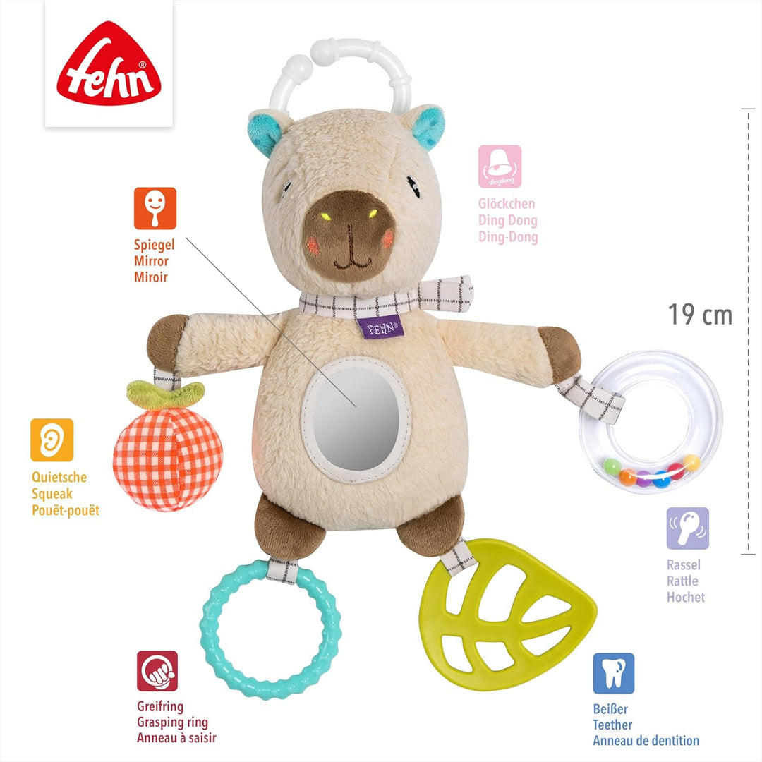 Fehn Activity-Capybara – Motorikspielzeug mit Greifelementen, Beissring und Rassel – Kuscheltier zum