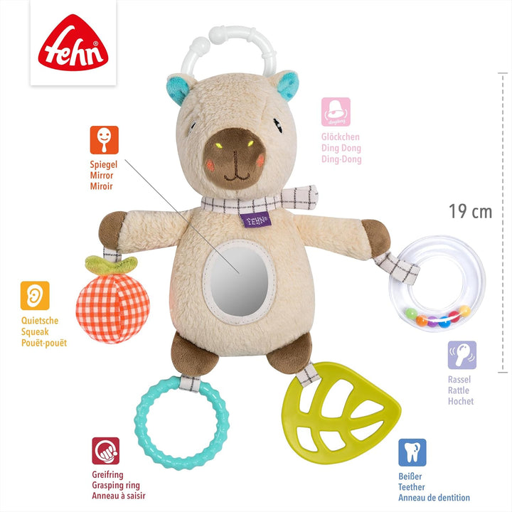 Fehn Activity-Capybara – Motorikspielzeug mit Greifelementen, Beissring und Rassel – Kuscheltier zum