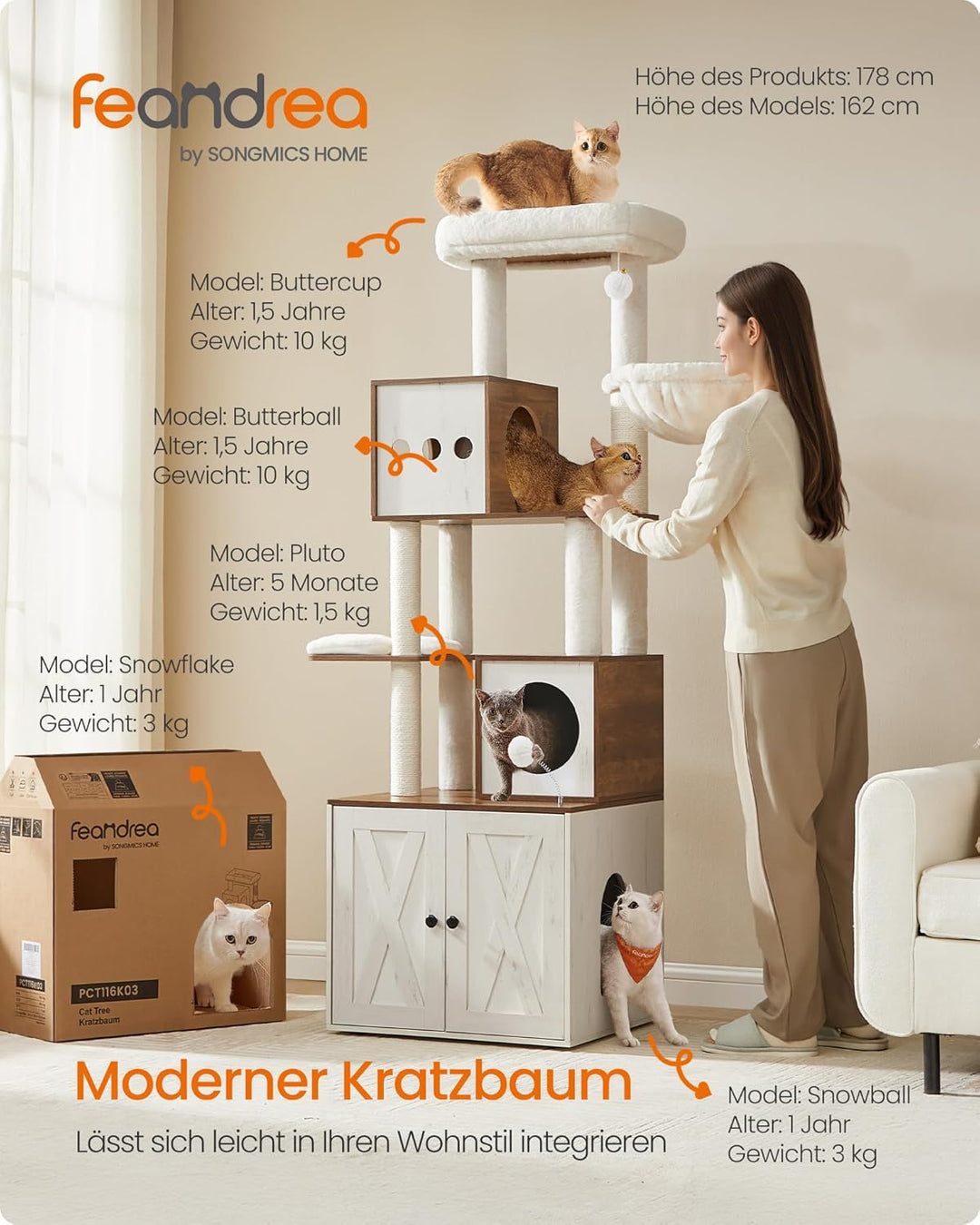 Feandrea Kratzbaum, Katzenbaum mit Katzenklo-Schrank, 178 cm hoch, Katzenkratzbaum, Kratzsäule, Plat