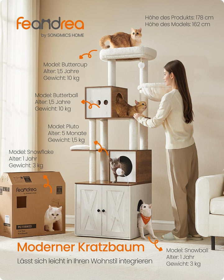 Feandrea Kratzbaum, Katzenbaum mit Katzenklo-Schrank, 178 cm hoch, Katzenkratzbaum, Kratzsäule, Plat