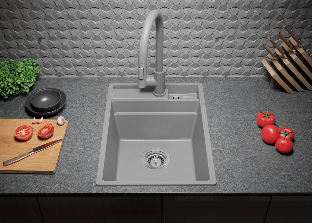 PRIMAGRAN Spülbecken Alles Weiss - Oslo Pocket, 38x53cm | Granitspüle 1 Becken + Ablauf-Set, Küchens