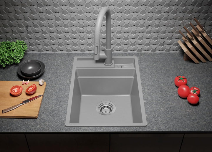 PRIMAGRAN Spülbecken Alles Weiss - Oslo Pocket, 38x53cm | Granitspüle 1 Becken + Ablauf-Set, Küchens