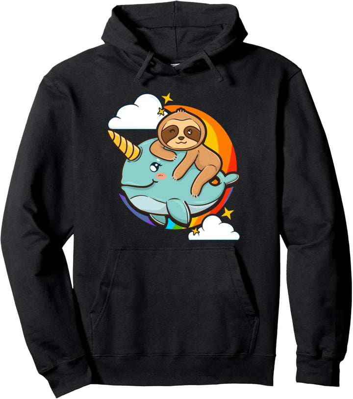 Cute & Funny Sloth Riding Narwhal Animal Friends Pullover Hoodie