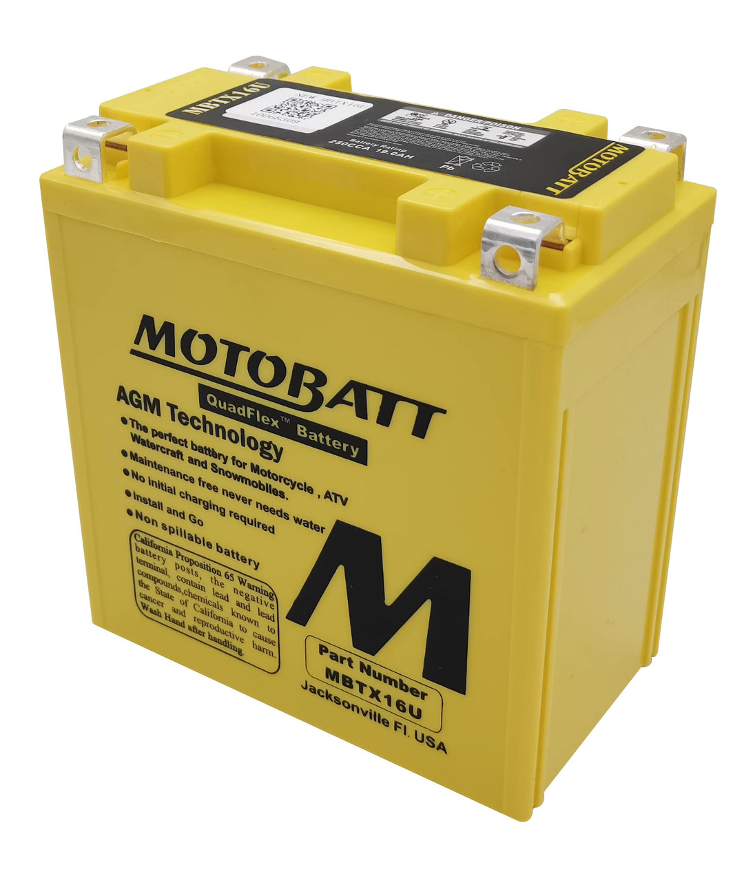 MotoBatt MBTX16U (12V 19 Amp) 250CCA Factory Activated QuadFlex AGM Battery
