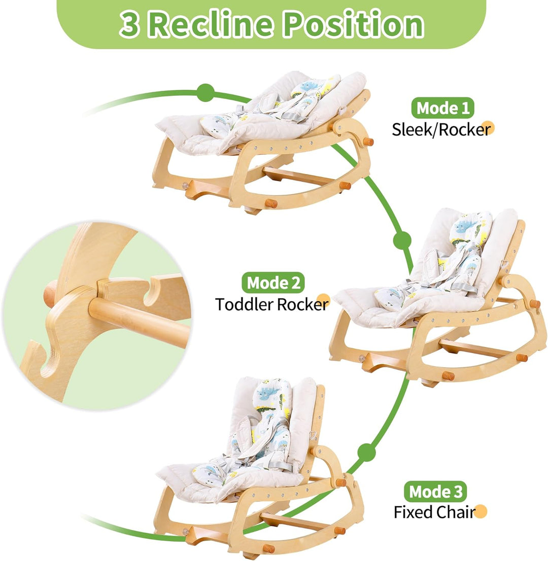 MALLBEST 3-in-1 Babywippe mit Doppelpolsterung, für 0-12 Monate, Verstellbarer Holz-Rocker-Stuhl für