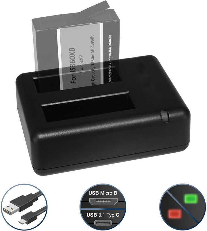 3X Akku + Dual-Ladegerät (USB) für Insta360 One X 360 Action Cam/inkl. Micro-USB-Kabel / 2 Akkus gle