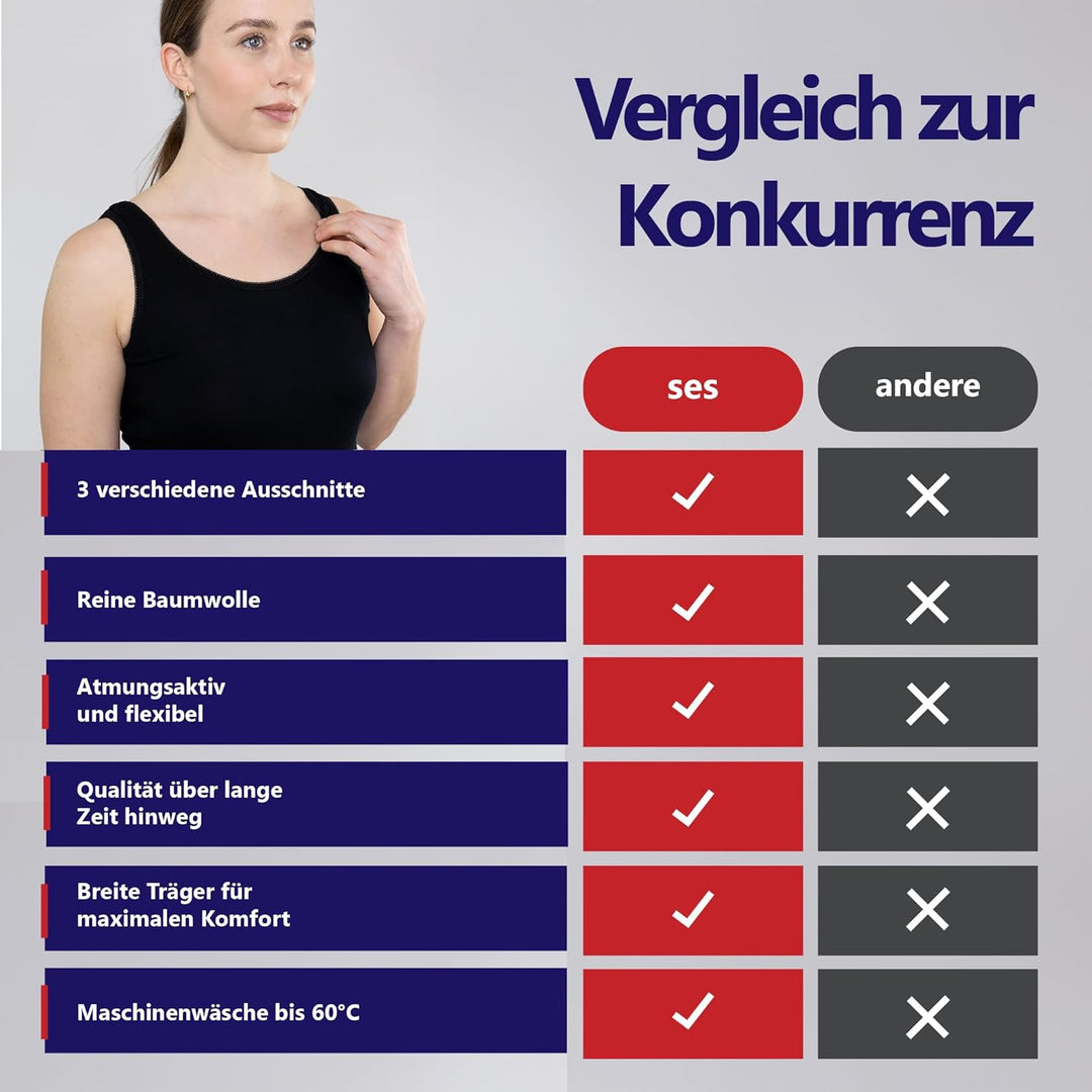 SES Unterhemden Damen 3er-Pack aus 100% Baumwolle/Unterhemd Damen mit weicher Feinripp-Qualität/Unte