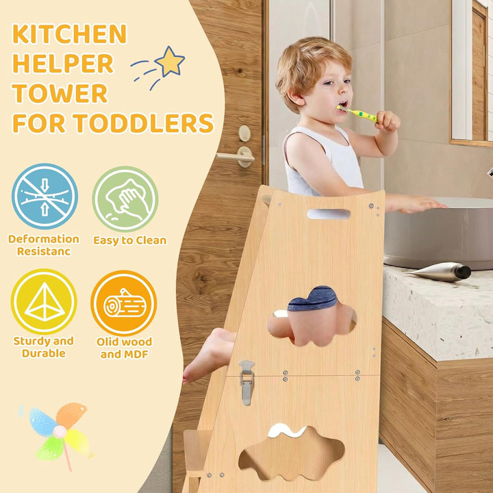 KIDINIX Lernturm ab 1 Jahr, 3 in 1 Montessori Learning Tower mit Sicherheitsgeländer und Tafel, Klap