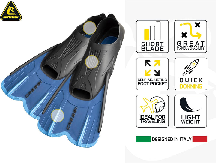 CRESSI Agua Short Fins - Self Adjusting Flossen für Schnorcheln, Schwimmen und Trainieren 35/36 Blau