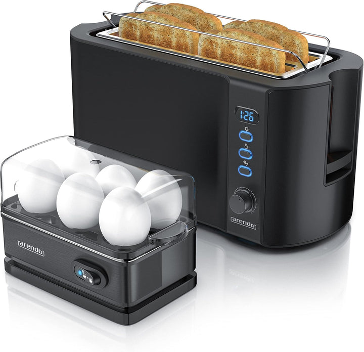 Arendo - SET Eierkocher SIXCOOK mit Toaster FRUKOST Edelstahl Schwarz, Toaster 4 Scheiben, LED-Displ