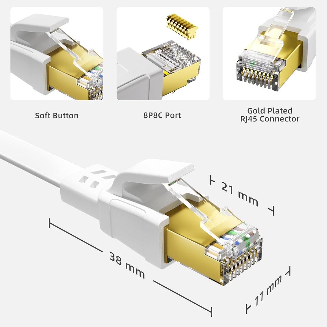 Nowunke LAN Kabel 10meter Cat 8 Netzwerkkabel 10m Flach Ethernet Kabel Weiss Hochgeschwindigkeit 40G