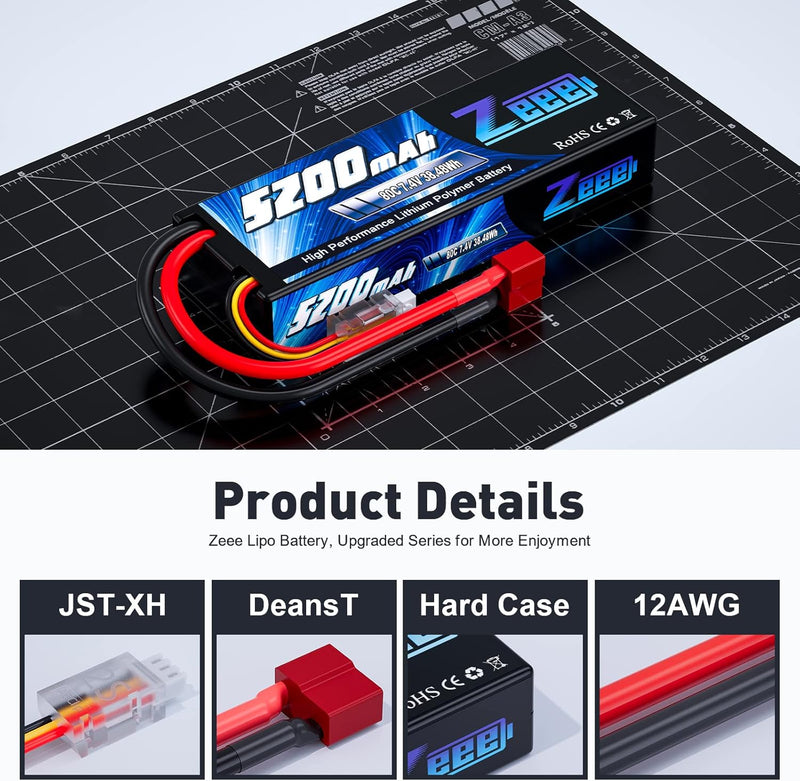 Zeee 2S Lipo Akku 7,4V 80C 5200mAh Hardcase Batterie mit Deans T Stecker für RC Evader BX Auto Car T