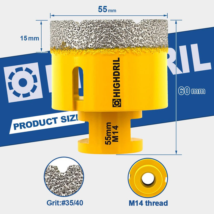 HIGHDRIL Diamant Bohrkrone - 55mm Lochsäge Fliesen M14 Gewinde für Porzellan Fliese Keramik Granit M