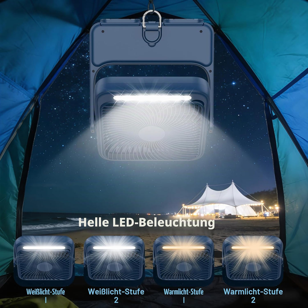 Ventilator 20000mAh Akku Tischventilator USB Camping Ventilatoren mit Lampe, 4 Getriebe,12-43 Std.La