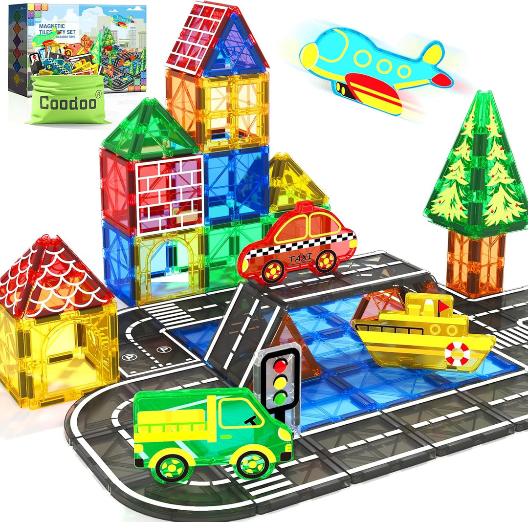 Coodoo Magnetische Fliesen Stadtstrassen-Set, Kinderspielzeug, sensorische Spiele für 3-jährige Jung