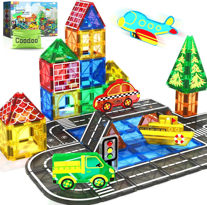 Coodoo Magnetische Fliesen Stadtstrassen-Set, Kinderspielzeug, sensorische Spiele für 3-jährige Jung