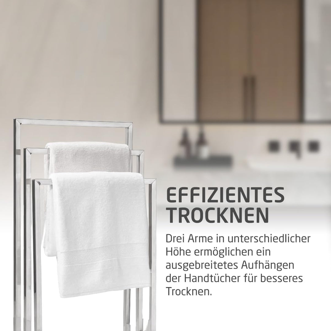 Amig - Verchromter freistehender Handtuchhalter mit 3 Metallstangen - Bodenständer für Badetücher -