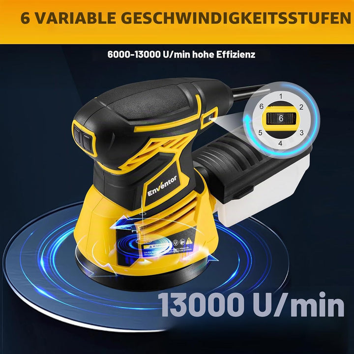 Enventor Exzenterschleifer 125mm, 350W Schleifmaschine 6000-13000 OPM, 6 Gänge, Multischleifer mit A