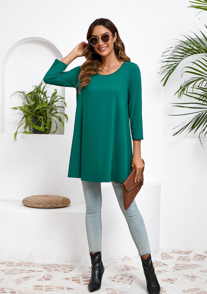 Enmain Damen Tunika Shirt Langarm/Kurzarm Bluse mit Blumen Longshirt Casual Elegante 3/4 Ärmel Rundh
