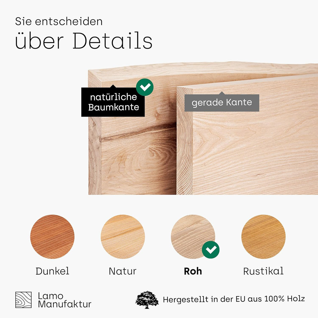 LAMO Manufaktur Massivholzplatte Tischplatte Baumkante für Schreibtisch, Esstisch, 120x60 cm, Roh, L