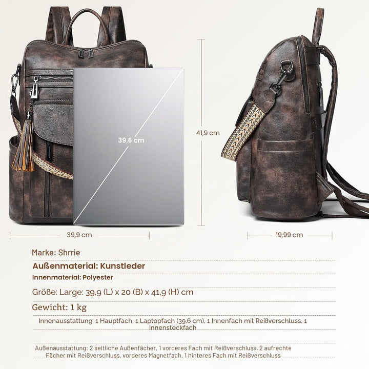 Shrrie Laptop-Rucksack für Damen, 15,6 Zoll Reise-Rucksack aus Leder, Handgepäck-Rucksack Computerta