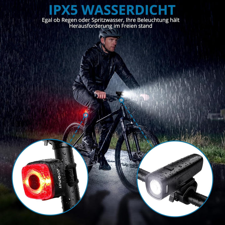 AUTOUTLET Fahrradlicht Set StVZO Zugelassen, 20/40 LUX LED Fahrradbeleuchtung USB-C Aufladbar bis zu