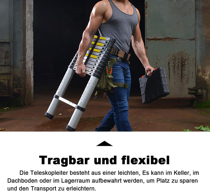 Eulenke 3,8M Teleskopleiter - Rutschfester Multifunktionsleiter 150 kg Belastbarkeit - Aluleiter Hau