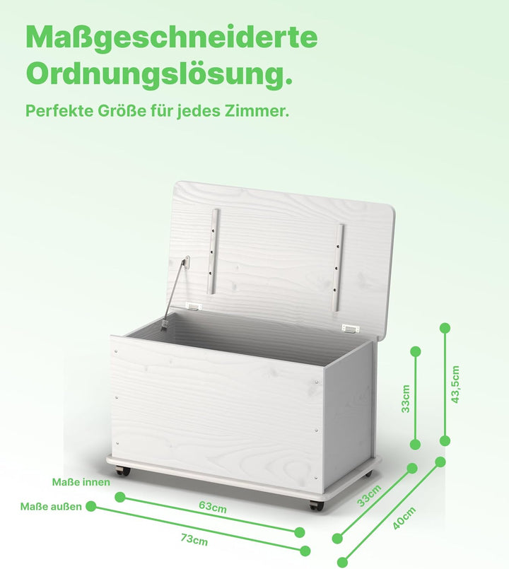KMH grosse Spielzeugkiste auf Rollen VERONA aus massivem Pinienholz Weiss - Aufbewahrungsbox mit Dec