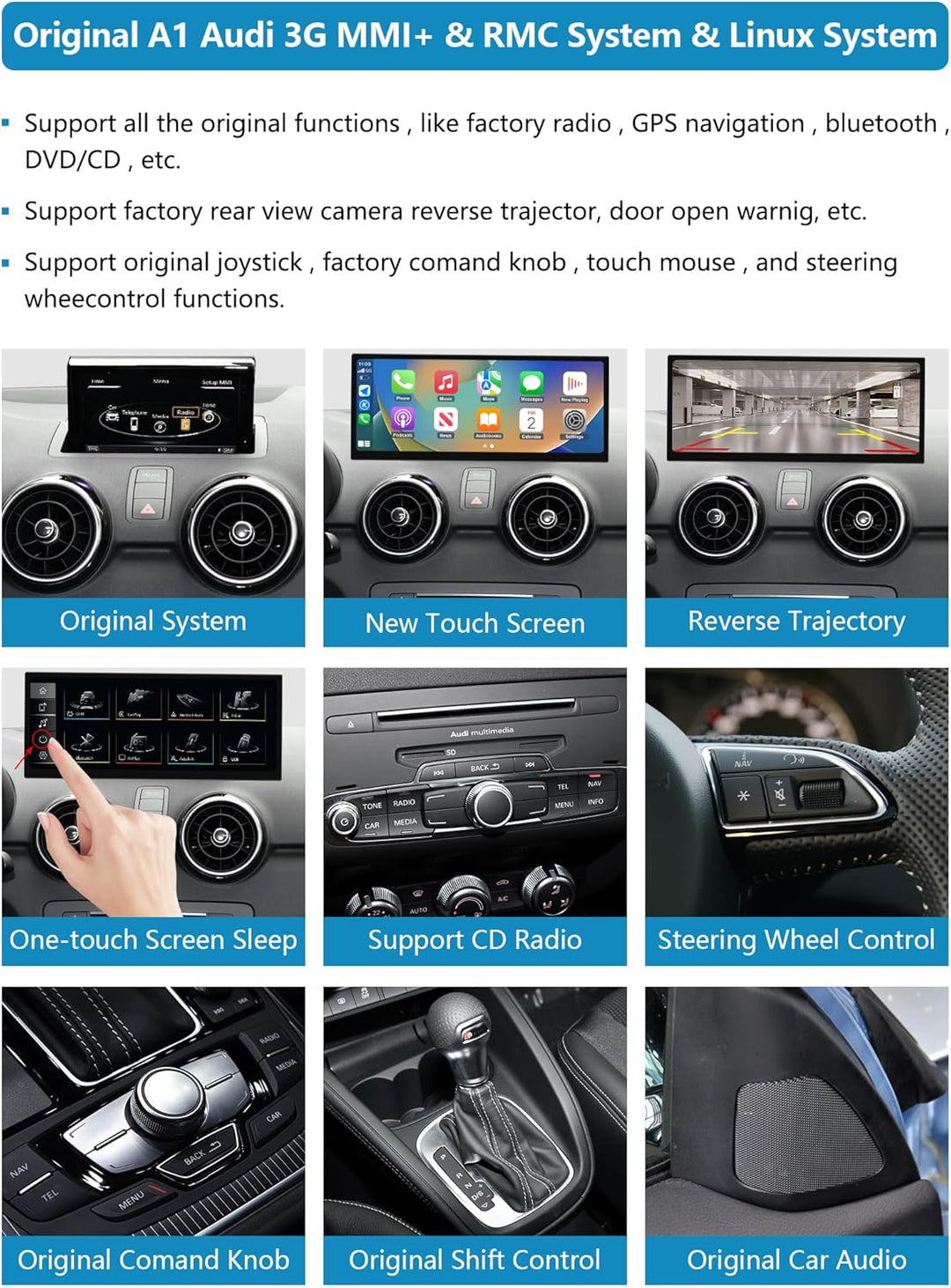 Autoradio 12,3 Zoll Touchscreen mit kabellosem Carplay & Android Auto für 2012–2018 Audi A1 mit 3G M