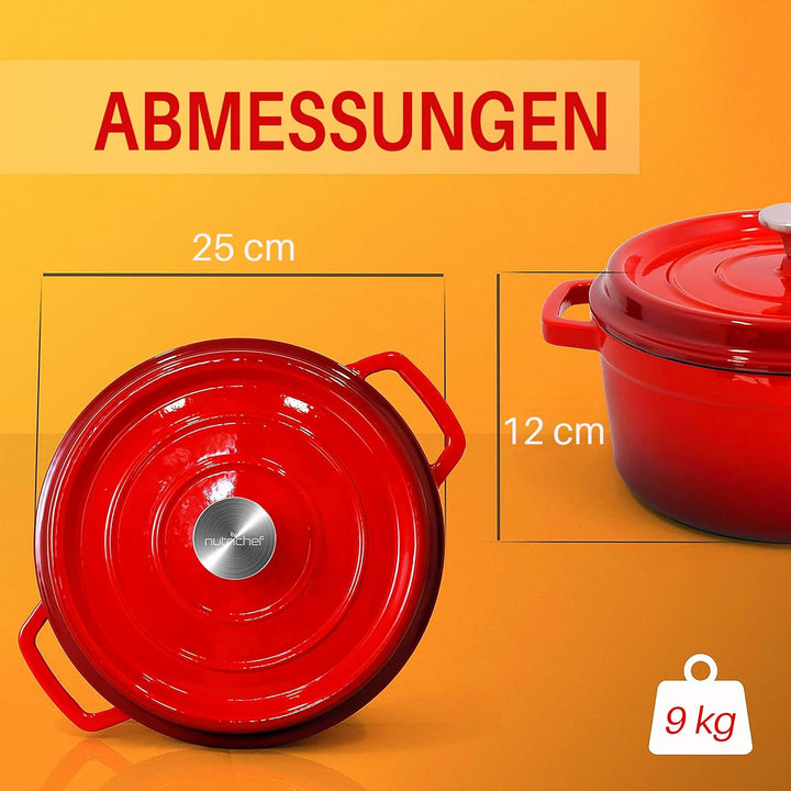 NutriChef Dutch Oven Gusseisen Topf – Brotbackform 5L mit Deckel, Emaille, Brotbacktopf, Gleichmässi
