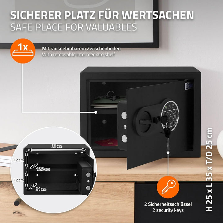 Safe Tresor 16L 35x25x25cm, stabiler Stahl, Wandtresor mit Sensorlicht & Digitale Tastatur für Schmu