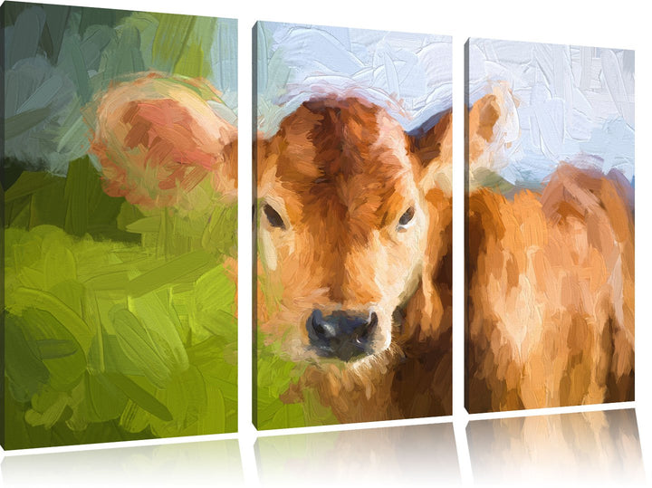 Pixxprint Junge Kuh Kälbchen Kunst als Leinwandbild/Grösse: 3 Teilig (120x80) cm/Wandbild/Kunstdruck