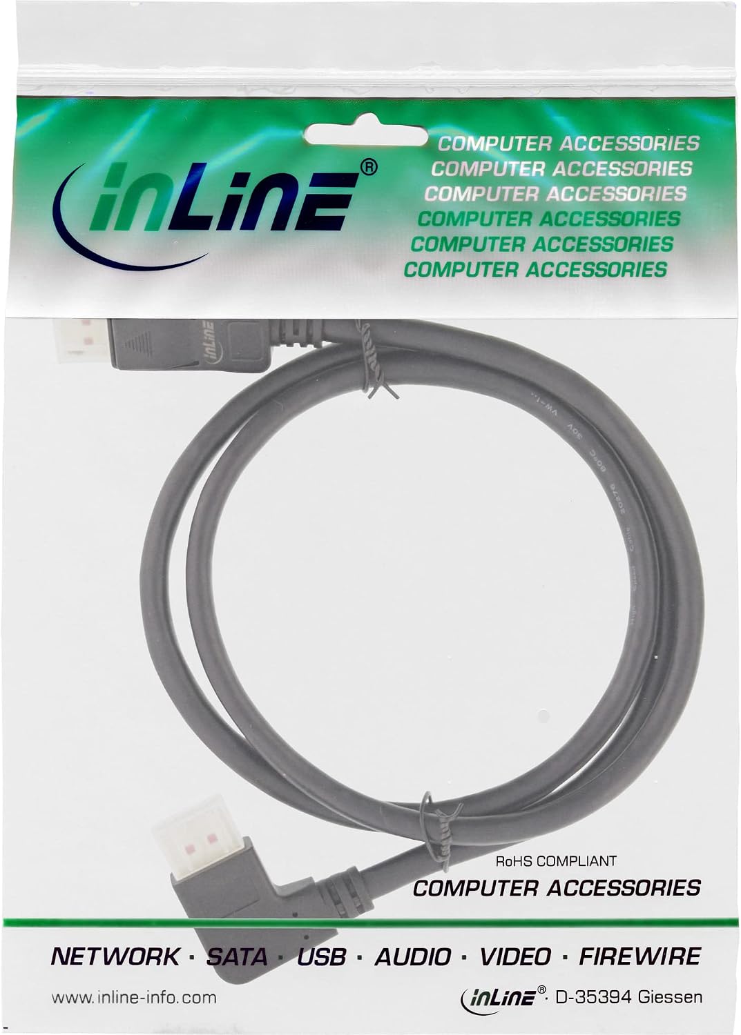 InLine® DisplayPort 1.4 Kabel, 8K4K, links gewinkelt, schwarz/gold, 3m