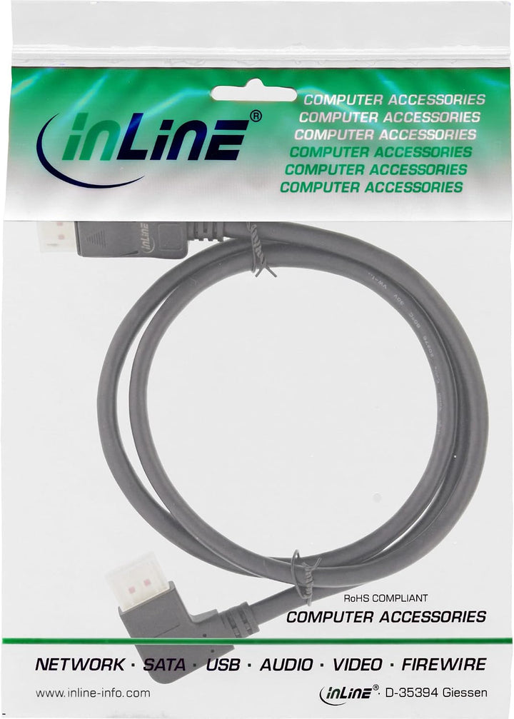 InLine® DisplayPort 1.4 Kabel, 8K4K, links gewinkelt, schwarz/gold, 3m