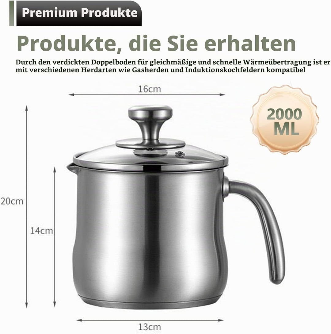 2L Milchtopf Edelstahl mit Deckel und Ausgiesser, Kochtopf Induktion mit Griff, Simmertopf Puddingto
