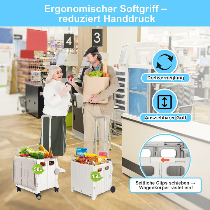 Einkaufstrolley Klappbar, mit neigbarer Teleskopgriff &amp; Deckel, 2 x Rollen, bis 35 kg, 45 Liter Kist