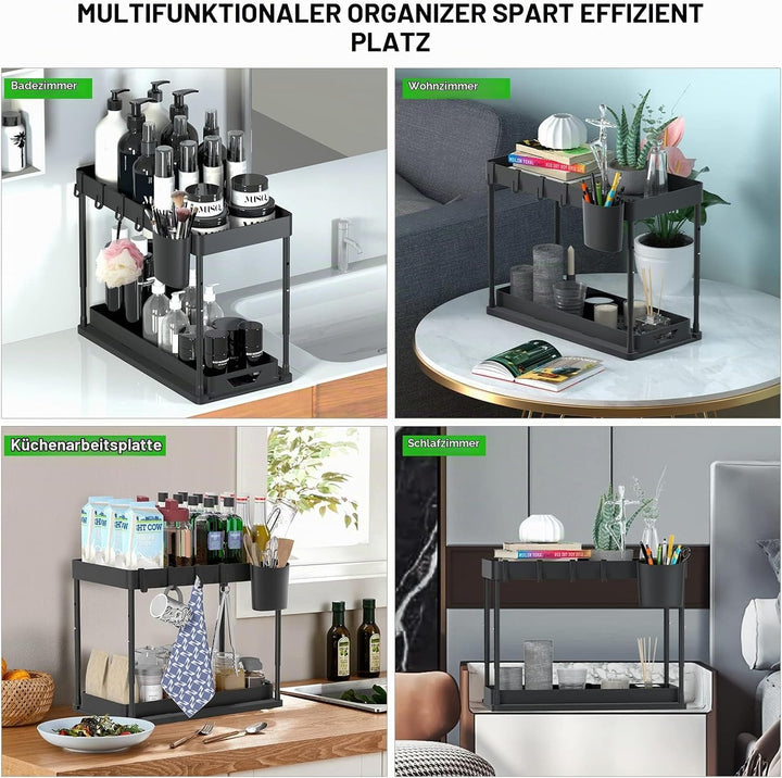 SKYSER Unter Waschbecken Regal Küche Organizer 2-stöckiger Schubladen-Organizer Anhebbares Schrank O